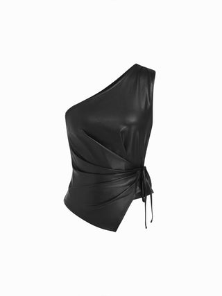 Faux Leather Asymmetrical Neck Ruched Drawstring Crop Top