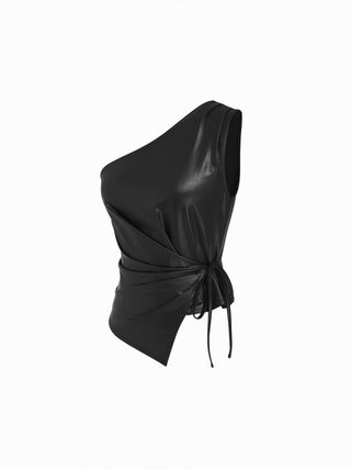 Faux Leather Asymmetrical Neck Ruched Drawstring Crop Top