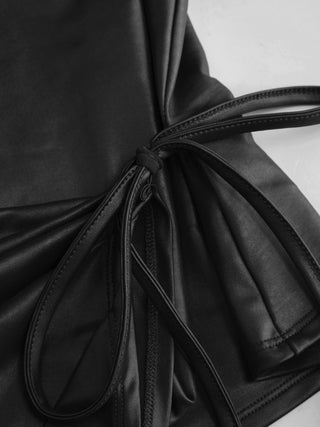Faux Leather Asymmetrical Neck Ruched Drawstring Crop Top