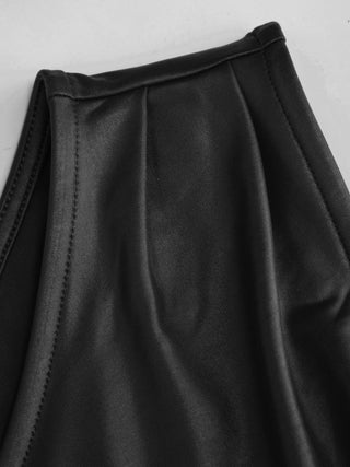 Faux Leather Asymmetrical Neck Ruched Drawstring Crop Top