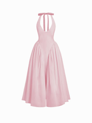 Sculptural Halter V-neck Draped Flared Maxi Dress