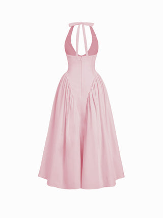 Sculptural Halter V-neck Draped Flared Maxi Dress