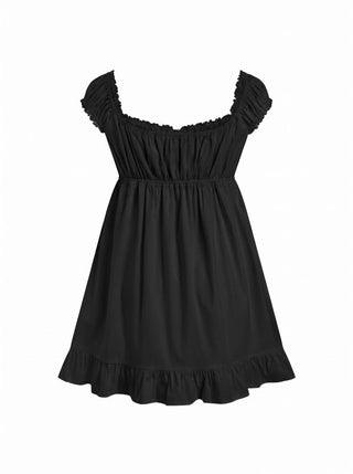 Cotton-blend Square Neck Puff Sleeve Drawstring Ruffle Hem Oversized Babydoll Mini Dress
