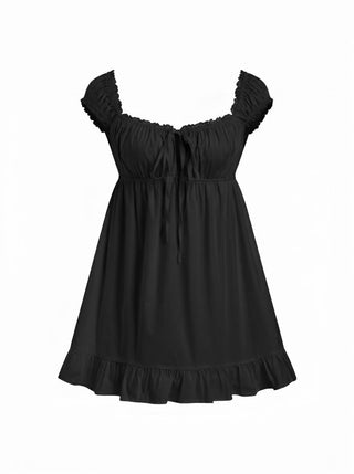 Cotton-blend Square Neck Puff Sleeve Drawstring Ruffle Hem Oversized Babydoll Mini Dress
