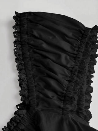 Cotton-blend Square Neck Puff Sleeve Drawstring Ruffle Hem Oversized Babydoll Mini Dress