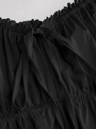 Cotton-blend Square Neck Puff Sleeve Drawstring Ruffle Hem Oversized Babydoll Mini Dress