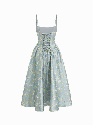 Floral Jacquard  Lace-up Corset Cami A-Line Maxi Dress