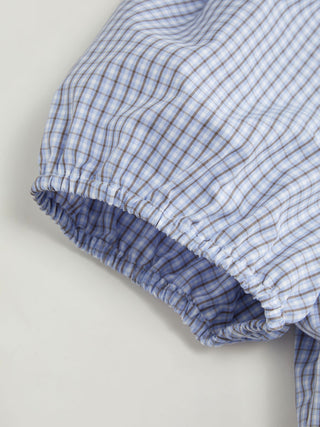 Cotton-blend Gingham Puff Sleeve Bowknot Peplum Hem Blouse