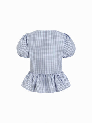 Cotton-blend Gingham Puff Sleeve Bowknot Peplum Hem Blouse