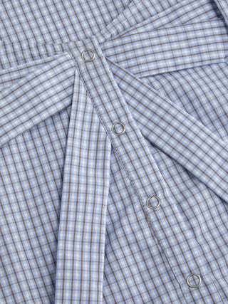 Cotton-blend Gingham Puff Sleeve Bowknot Peplum Hem Blouse