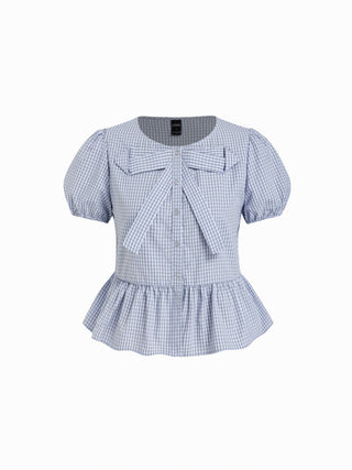 Cotton-blend Gingham Puff Sleeve Bowknot Peplum Hem Blouse