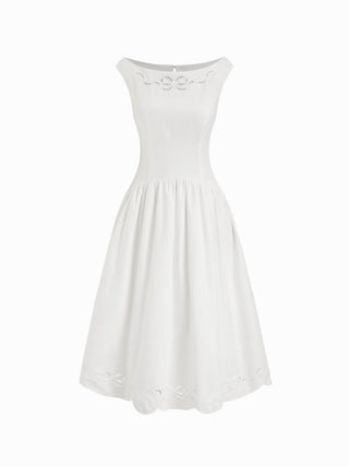 Cotton-blend Boat Neck Broderie Anglaise Lace Up Flared Maxi Dress