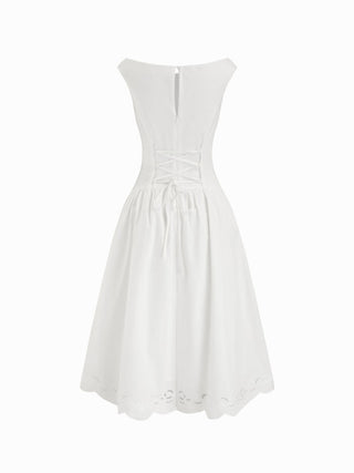 Cotton-blend Boat Neck Broderie Anglaise Lace Up Flared Maxi Dress