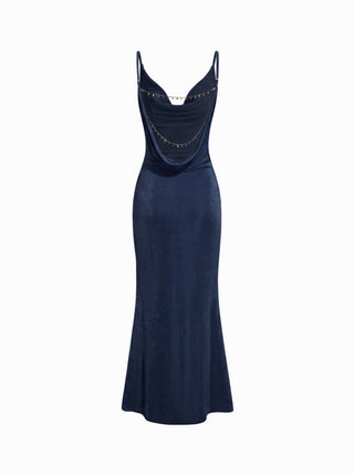 Cowl Neck Backless Chain Detail Cami Mermaid Maxi Dress