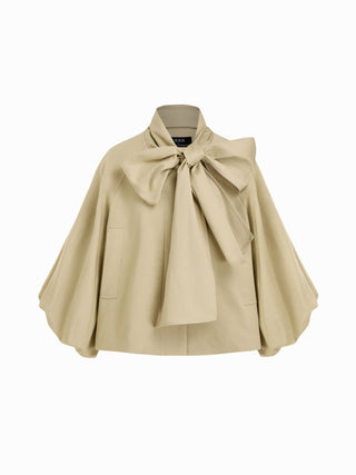 Cotton-blend Asymmetrical Neck Lantern Sleeve Bowknot Oversized Trench Coat