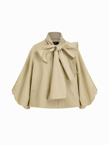Cotton-blend Asymmetrical Neck Lantern Sleeve Bowknot Oversized Trench Coat