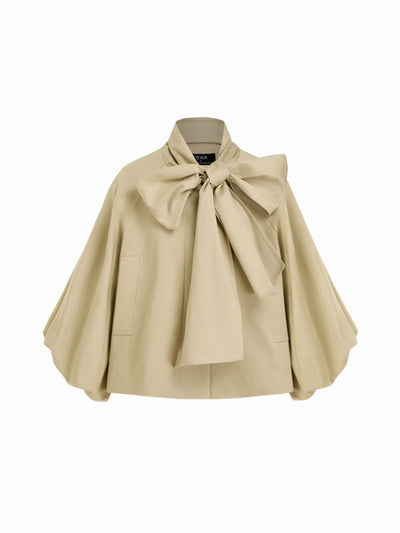 Cotton-blend Asymmetrical Neck Lantern Sleeve Bowknot Oversized Trench Coat