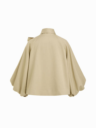 Cotton-blend Asymmetrical Neck Lantern Sleeve Bowknot Oversized Trench Coat