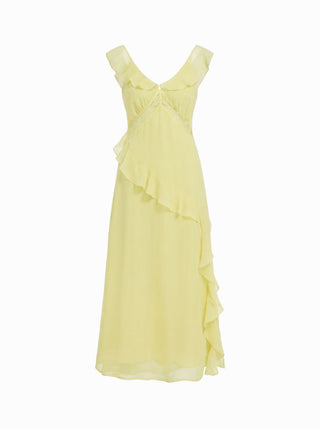 Chiffon V-neck Ruffled A-line Maxi Dress