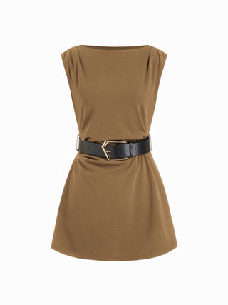 Boat Neck Ruched Belted A-line Mini Dress