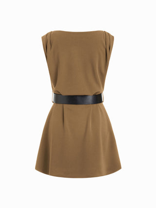 Boat Neck Ruched Belted A-line Mini Dress
