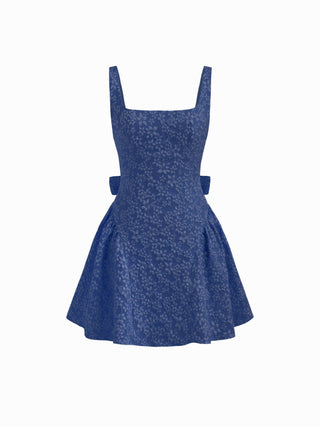 Jacquard U-neckline Floral Backless Bowknot Mini Dress