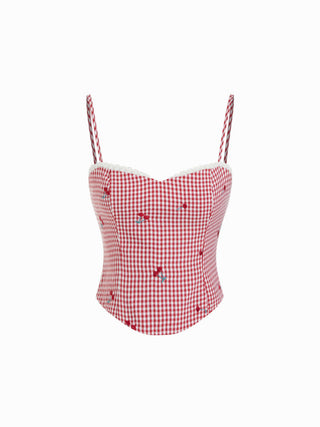 Cotton-blend Gingham Cherry Embroidery Sweetheart Neck Lace Trim Cami Blouse