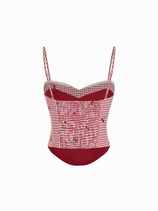 Cotton-blend Gingham Cherry Embroidery Sweetheart Neck Lace Trim Cami Blouse