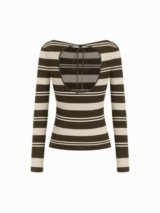 Knit Stripe Boat Neck Knotted Bowknot Long Sleeve Top