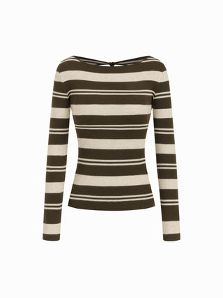 Knit Stripe Boat Neck Knotted Bowknot Long Sleeve Top