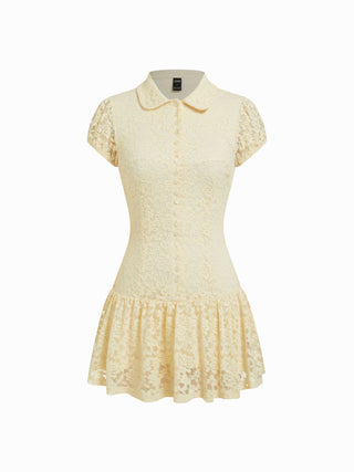 Floral Lace Puff Sleeve Low Rise Shirt Mini Dress
