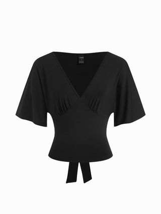 Lyocell-blend Striped V-neck Cloak Sleeve Ruched Tie Back Top