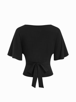 Lyocell-blend Striped V-neck Cloak Sleeve Ruched Tie Back Top