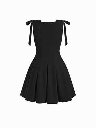 Bowknot Boat Neck Sleeveless Pleated Flared Mini Dress