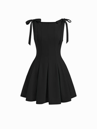 Bowknot Boat Neck Sleeveless Pleated Flared Mini Dress