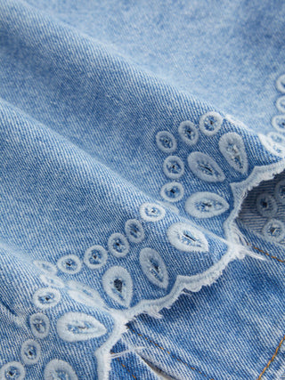 Denim Floral Graphic Peter Pan Collar Puff Sleeve Embroidery Blouse