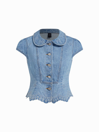 Denim Floral Graphic Peter Pan Collar Puff Sleeve Embroidery Blouse