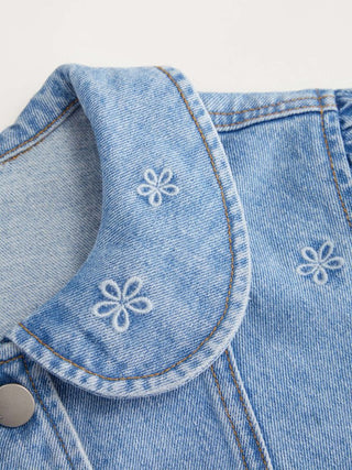 Denim Floral Graphic Peter Pan Collar Puff Sleeve Embroidery Blouse