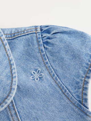 Denim Floral Graphic Peter Pan Collar Puff Sleeve Embroidery Blouse