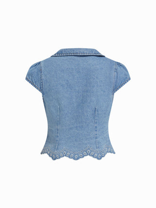Denim Floral Graphic Peter Pan Collar Puff Sleeve Embroidery Blouse