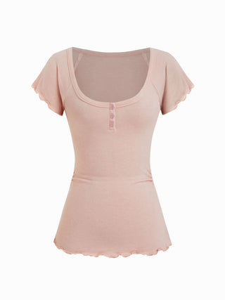Cotton-blend Scoop Neck Ruffle Sleeve Lettuce Trim Tee