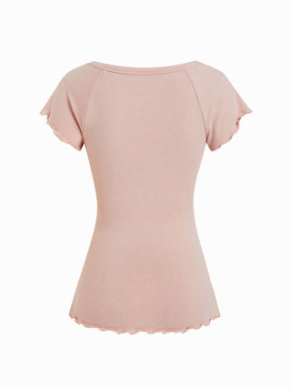 Cotton-blend Scoop Neck Ruffle Sleeve Lettuce Trim Tee