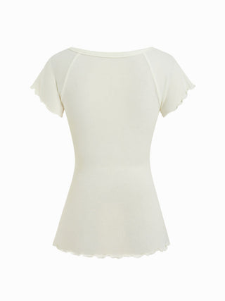 Cotton-blend Scoop Neck Ruffle Sleeve Lettuce Trim Tee