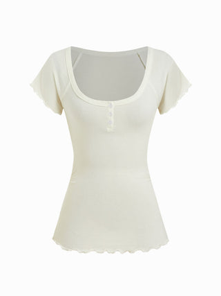 Cotton-blend Scoop Neck Ruffle Sleeve Lettuce Trim Tee