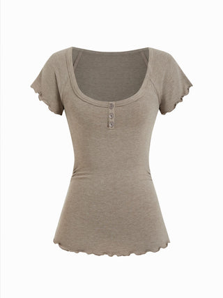 Cotton-blend Scoop Neck Ruffle Sleeve Lettuce Trim Tee