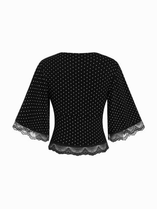 Polka Dot V-neck Bell Sleeve Lace Trim Top