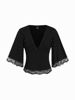 Polka Dot V-neck Bell Sleeve Lace Trim Top
