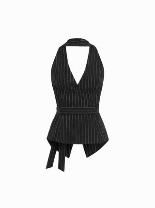 Striped Halter Neckline Twist Knotted Longline Blazer Vest