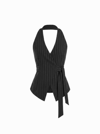 Striped Halter Neckline Twist Knotted Longline Blazer Vest