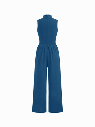 High Neck Solid Cut Out Patched Wide Leg Jumpsuit
